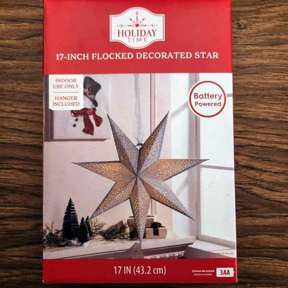 NEW Light Up Battery Operated Flocked Star Christmas Hanging Decoration Decor Ho